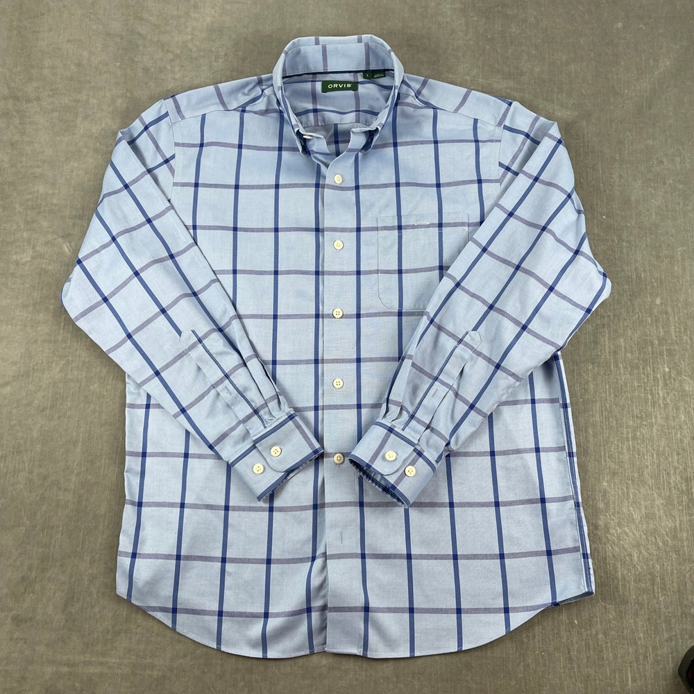 Orvis Mens L Light Blue Button Down Shirt Windowpane Check Long Sleeve